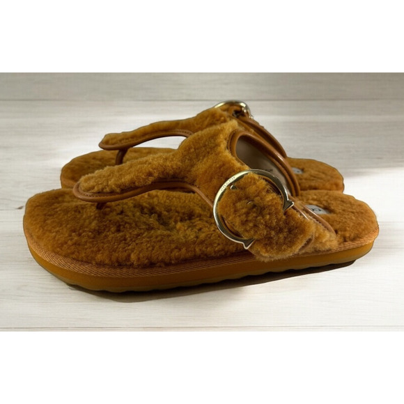 Coach Hollie Flip Flops Plush Shearling Slip On Thong Sandals Butterscotch Sz 9B - Picture 14 of 14